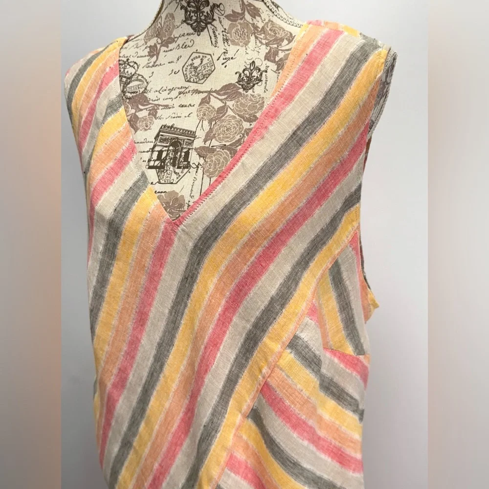 PURE JILL Pink, gray & yellow Linen sleeveless V neck maxi sundress size 3X - Picture 4 of 16